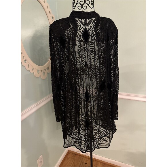 Vtg 80s Tan Chho Embroidered Sequin LnLong Duster Black Sequin 6D - Picture 6 of 7